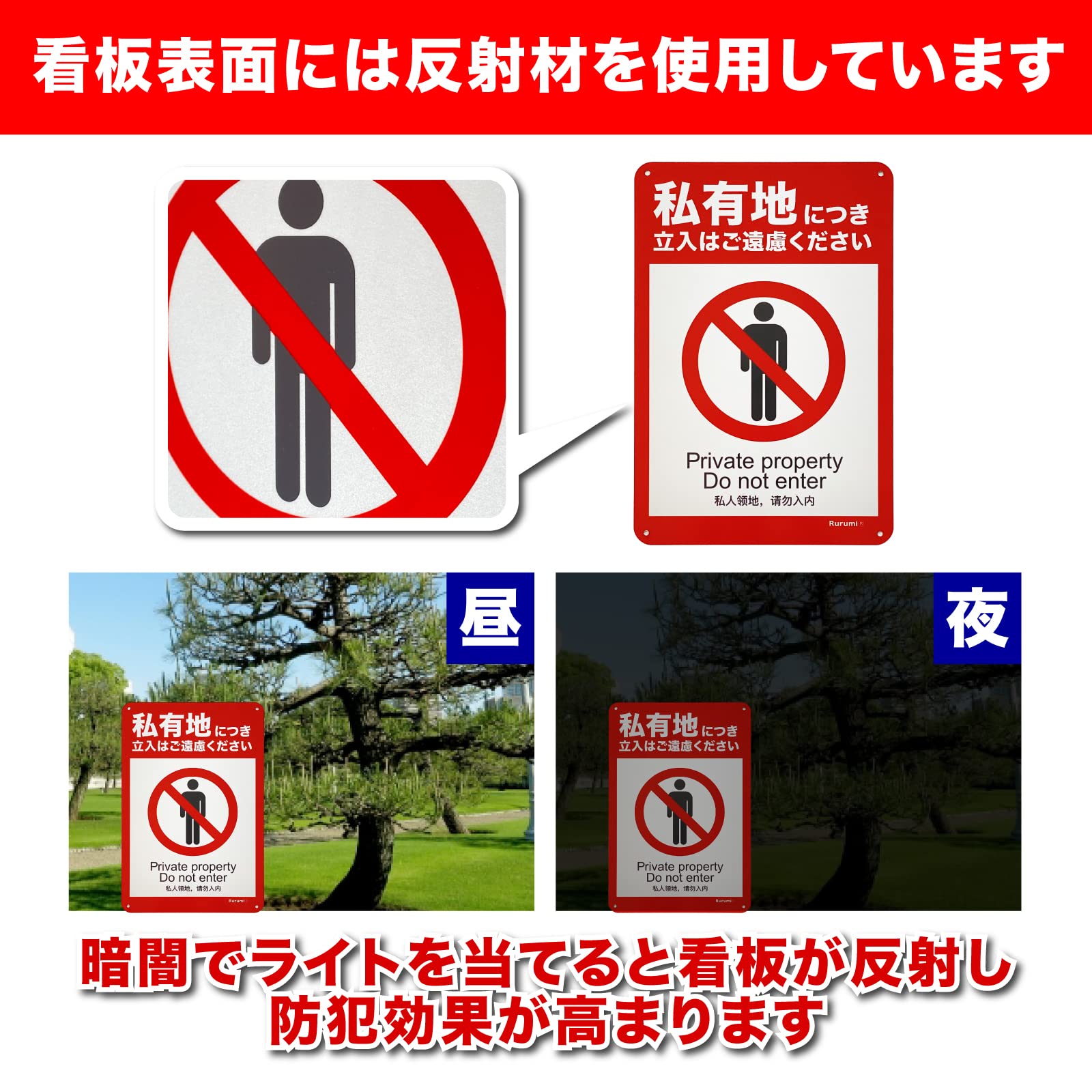 Amazon.co.jp: Rurumi 私有地 立入禁止 看板 アルミ製 防犯 反射 30cm